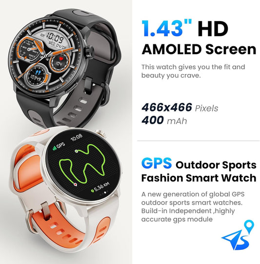 Reloj inteligente para hombres y mujeres GPS, 1.43 pulgadas AMOLED Smartwatch con brújula/barómetro/altímetro 100+ rastreador de fitness deportivo con monitor de salud para Android iOS 3ATM resistente