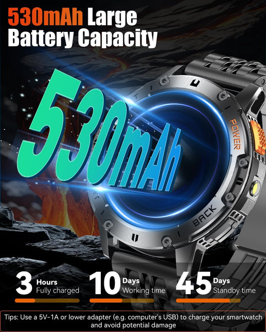 Relojes inteligentes militares para hombres con llamada Bluetooth, reloj inteligente AMOLED de 1.43 pulgadas impermeable con linterna, 111 modos deportivos, frecuencia cardíaca de 530 mAh,
