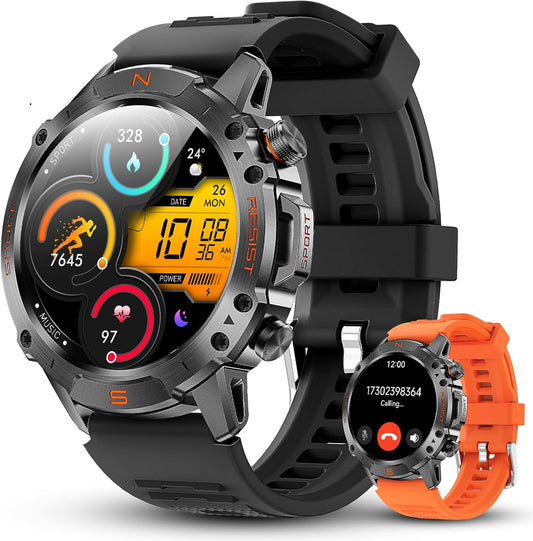 WalkerFit Reloj inteligente militar resistente para hombre, 1.43 pulgadas, reloj inteligente AMOLED, siempre encendido, resistente al agua 3 ATM para nadar, monitor de sueño preciso de recursos