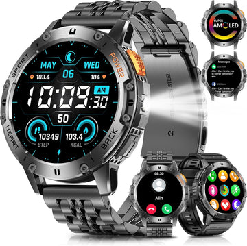 Relojes inteligentes militares para hombres con llamada Bluetooth, reloj inteligente AMOLED de 1.43 pulgadas impermeable con linterna, 111 modos deportivos, frecuencia cardíaca de 530 mAh,