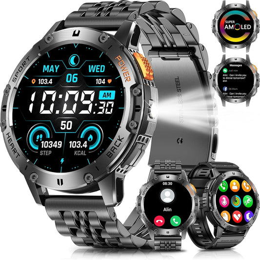 Relojes inteligentes militares para hombres con llamada Bluetooth, reloj inteligente AMOLED de 1.43 pulgadas impermeable con linterna, 111 modos deportivos, frecuencia cardíaca de 530 mAh,